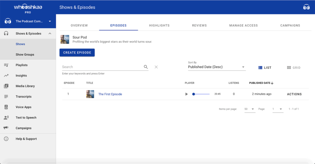 Shows and Episodes list
