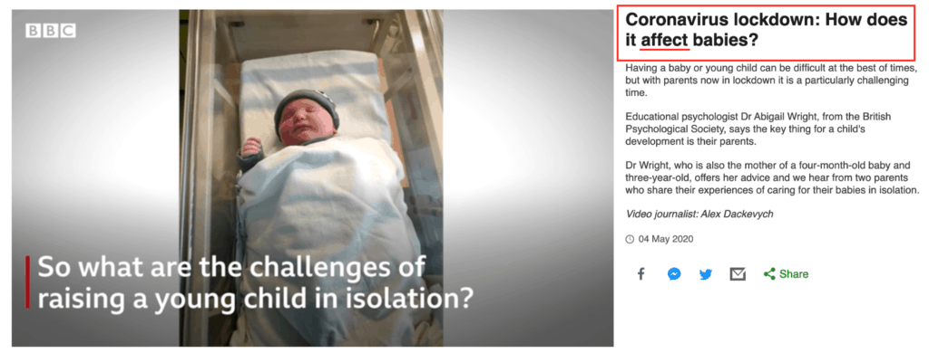 A BBC article on how the COVID 19 lockdown affect babies with the image of a sleeping baby on the side