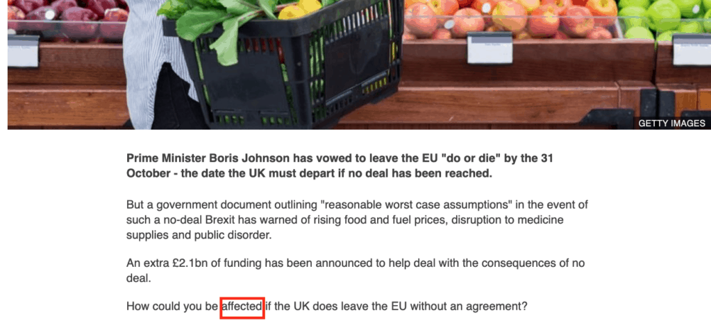 BBc News article on Brexit with the image of someone shopping for produce