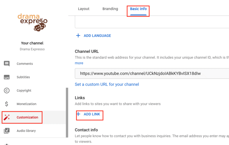 An image of the "Links" section under channel customization.