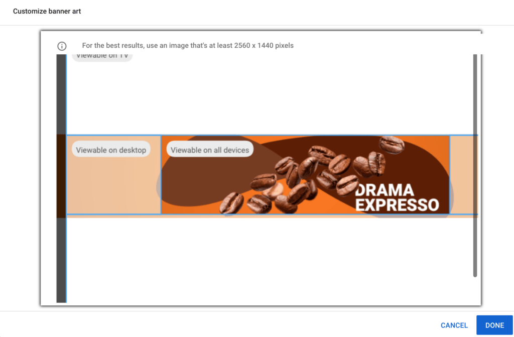 The image shows where you can customize your banner art and glance at the viewable area of its banner image across devices.