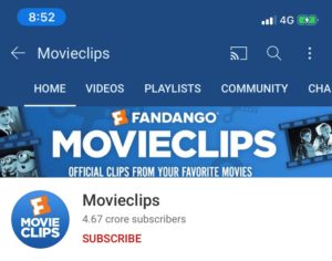 The Movieclips banner on a mobile device, with their logo displayed on a ble background with film scrolls on each side.