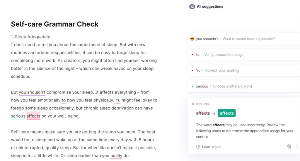Self Care Grammar Check