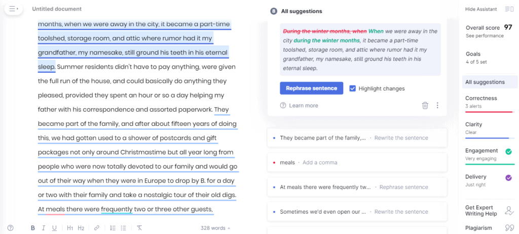 Live Editing feature of Grammarly shown