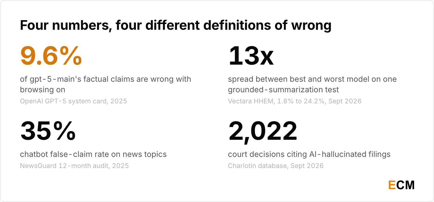 Four headline AI hallucination statistics for 2026: 9.6% of claims wrong for gpt-5-main with browsing on, a 13-fold spread between the best and worst model on one grounded-summarization test, a 35% chatbot false-claim rate on news, and 2,022 court decisions citing AI-hallucinated filings.
