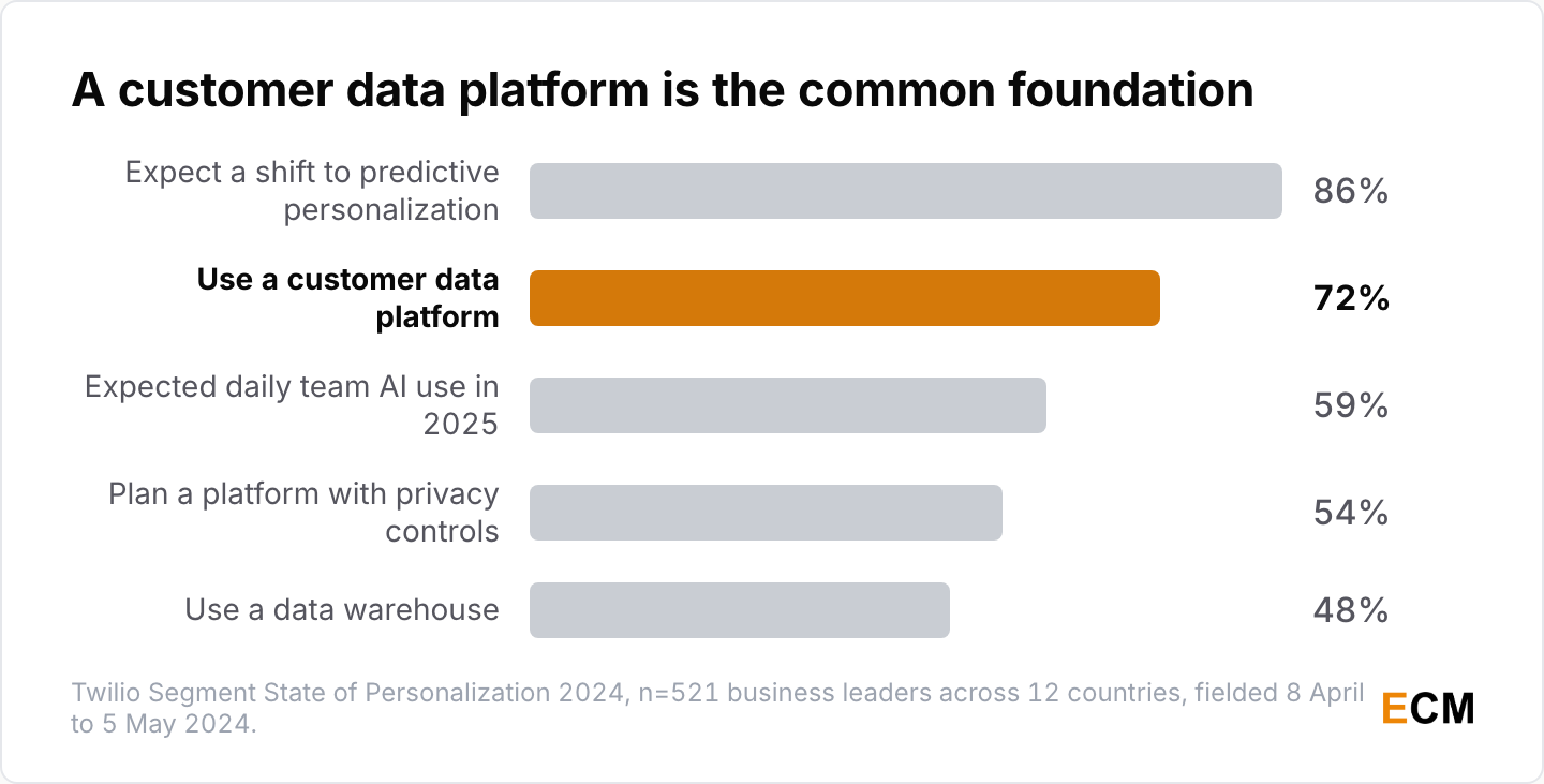 What sits under personalization programs: 86% of leaders expect a shift to predictive personalization, 72% use a customer data platform, 59% expected daily team AI use in 2025, 54% plan privacy controls and 48% use a data warehouse.