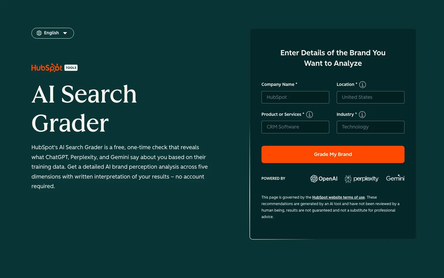 HubSpot AI Search Grader page