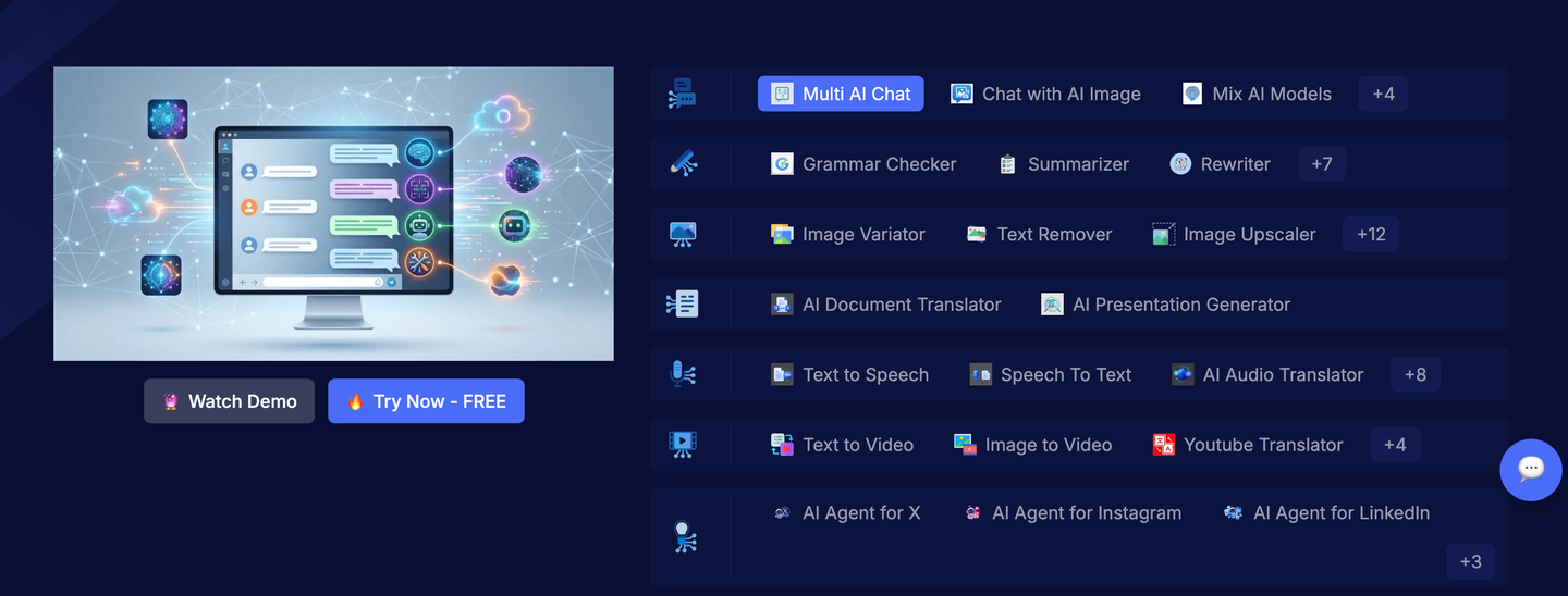 1min.AI's homepage panel listing its tools, from multi-model chat and grammar checking through to text-to-video and AI agents