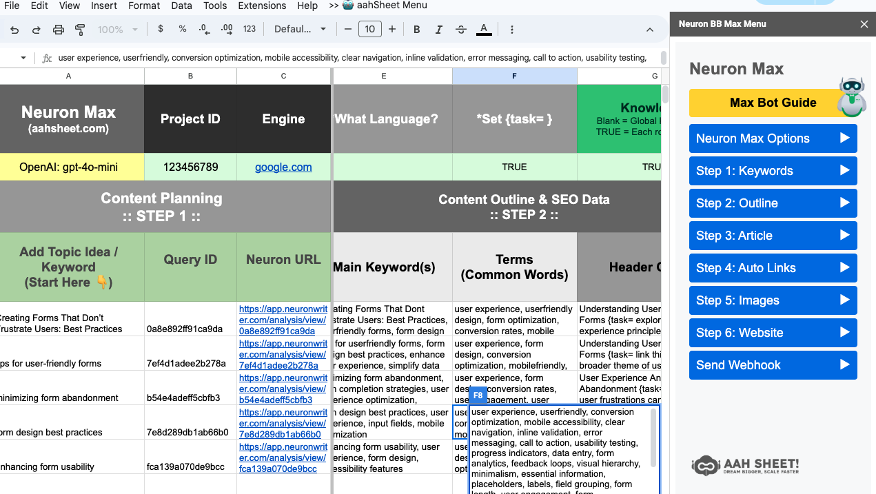 AahSheet's Google Sheets template with a Neuron Max sidebar of numbered steps for keywords, outline, article and images