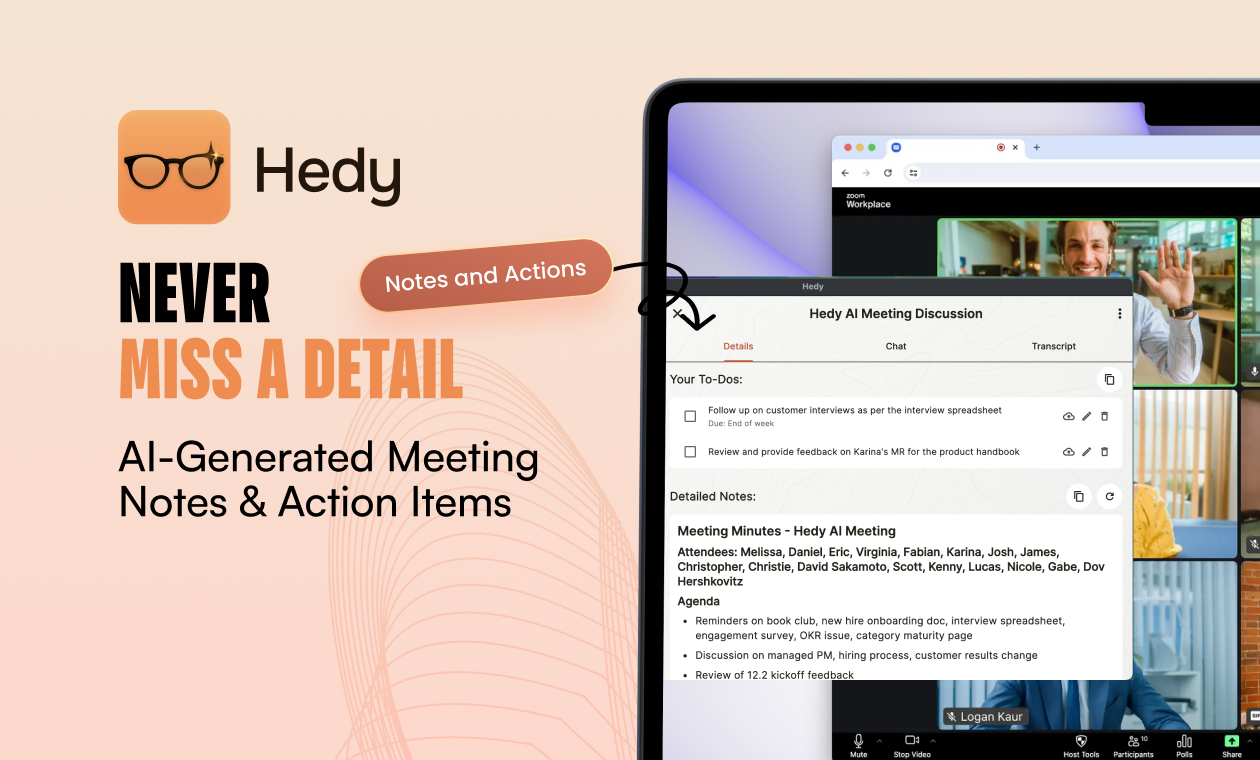 Hedy's meeting panel beside a live video call, listing AI-generated to-dos and detailed meeting minutes