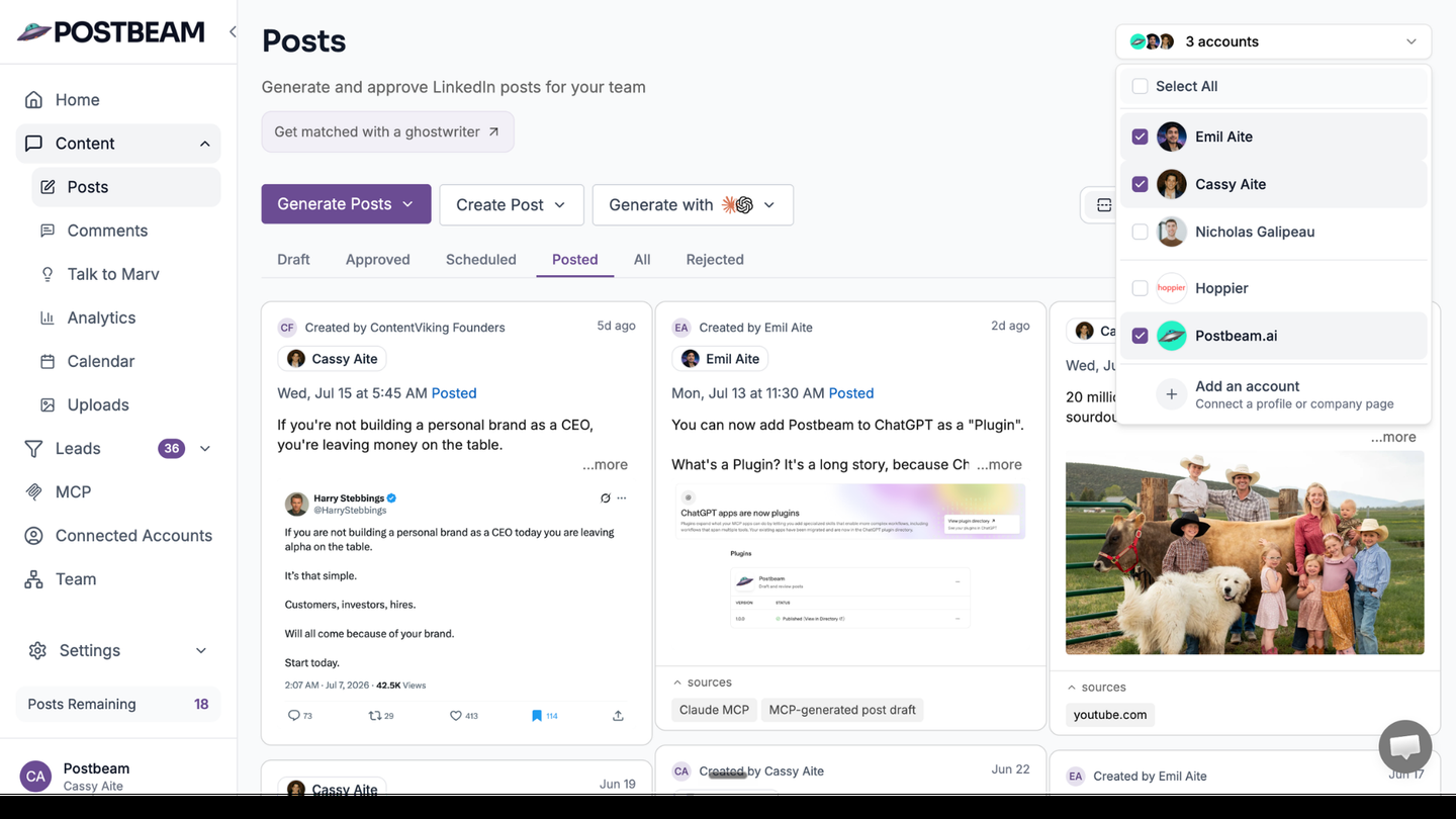 Postbeam's Posts screen showing published LinkedIn drafts and an account picker for three connected profiles