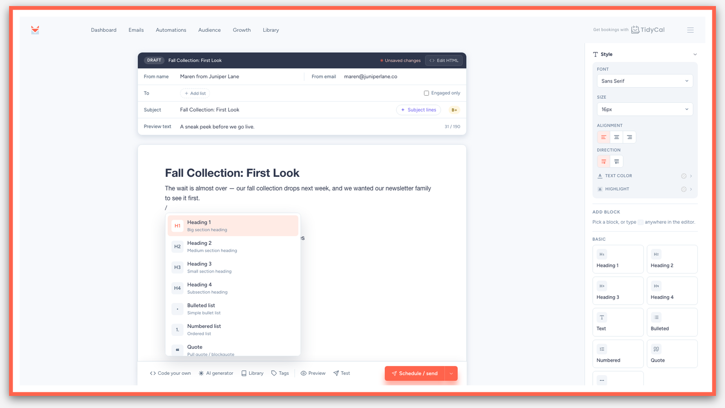 SendFox's email editor showing a newsletter draft with the block picker open and a style panel on the right