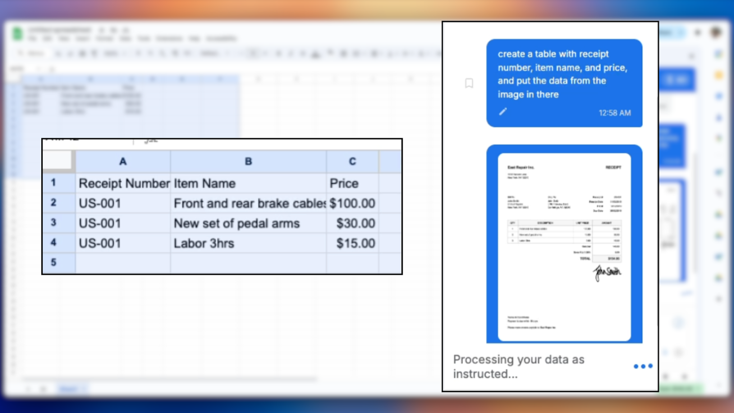 SheetXAI's sidebar in Google Sheets turning a scanned receipt into a table of receipt numbers, item names and prices