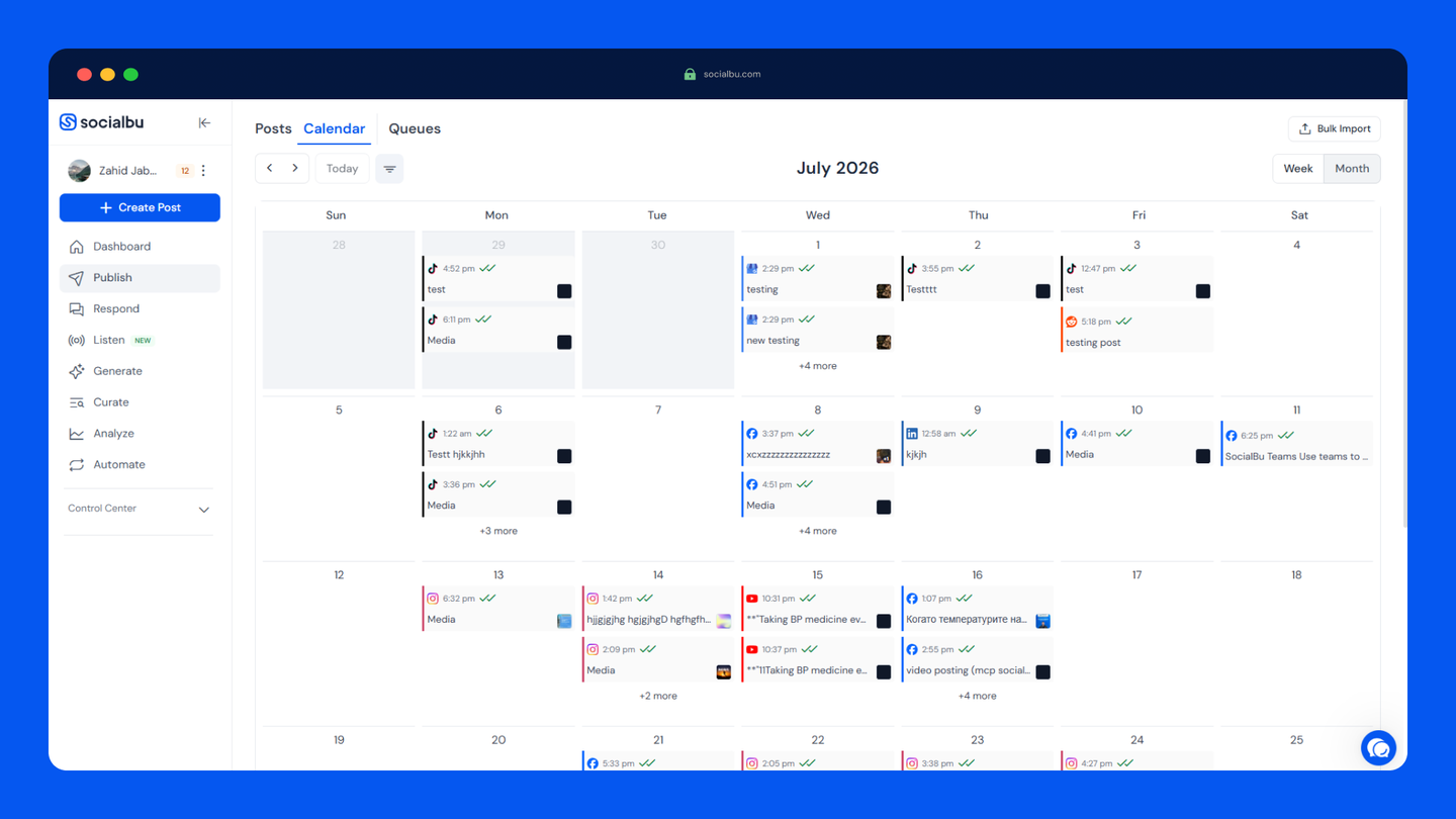 SocialBu's publishing calendar for July with scheduled posts marked across several social networks