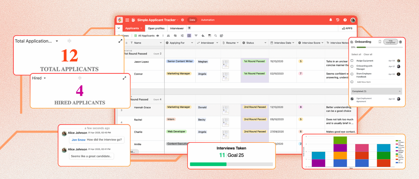 Stackby's applicant tracker table with candidate rows, interview stages and summary tiles for total and hired applicants