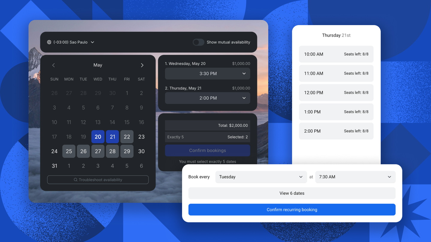 TidyCal's booking screen with a month calendar, selected time slots and a recurring booking confirmation panel
