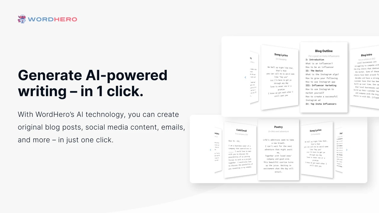 WordHero's product graphic showing sample outputs including a blog outline, a cold email and song lyrics