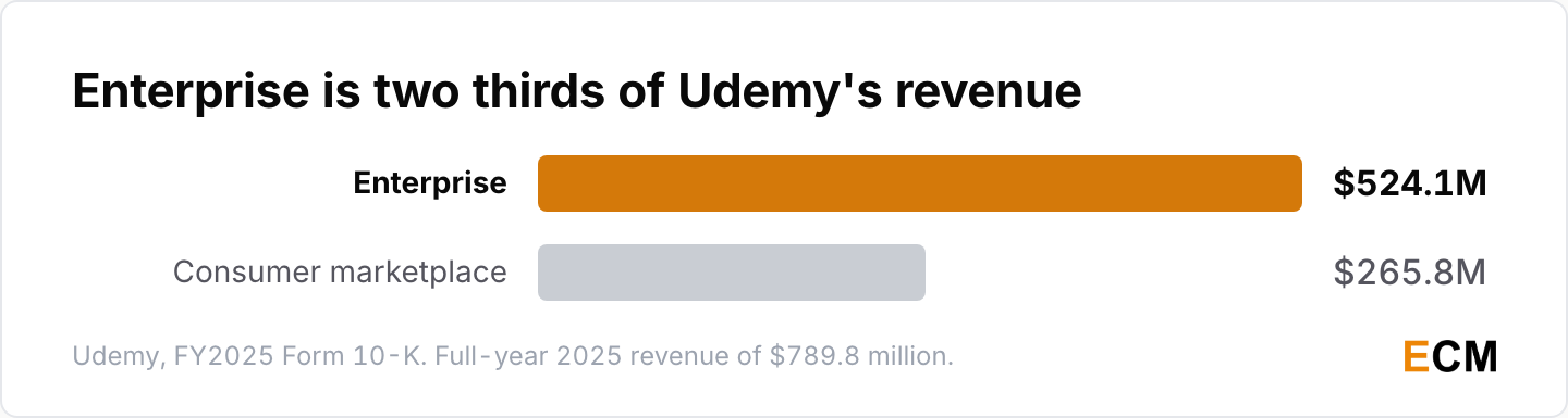 Udemy enterprise revenue reached 524.1 million dollars in 2025 against 265.8 million dollars for the consumer marketplace.