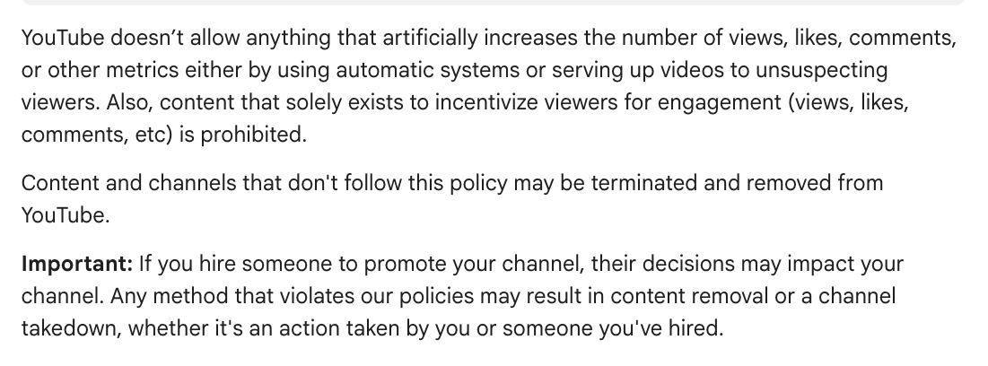 YouTube's fake engagement policy stating that artificially increasing views, likes or comments isn't allowed