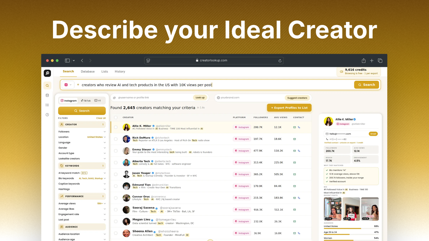 Creator Lookup search screen with a plain-English query returning 2,645 matching creators and an Instagram profile panel