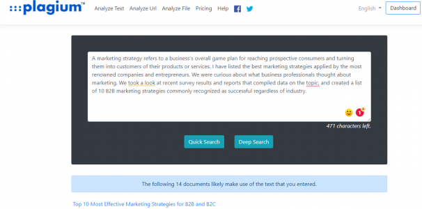 Plagium doesn't score your text unlike the rest, but provides all related links to your text